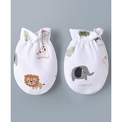 Babyhug 100% Cotton Knit Animal Printed Cap Mittens & Booties Set White - Diameter 32 cm
