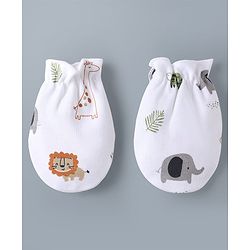Babyhug 100% Cotton Knit Animal Printed Cap Mittens & Booties Set White - Diameter 32 cm