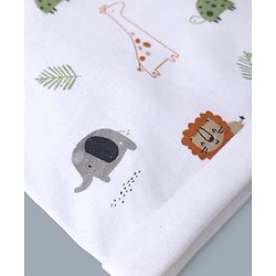 Babyhug 100% Cotton Knit Animal Printed Cap Mittens & Booties Set White - Diameter 32 cm