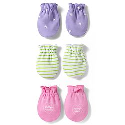 Babyhug 100% Cotton Interlock Knit Striped Mittens with Heart Print Pack of 3 - Purple & Pink
