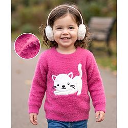 Babyhug Knit Full Sleeves Pullovers With Kitten Applique -  Pink