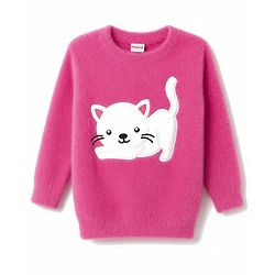 Babyhug Knit Full Sleeves Pullovers With Kitten Applique -  Pink