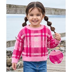Babyhug Knit Full Sleeves Checked Pullover Sweater - Pink