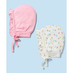 Babyhug 100% Cotton Interlock Knit Caps with Frill Details & Floral Polka Dot Print Pack of 2 Pink Off White - Diameter 15.5 cm