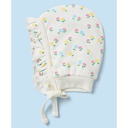 Babyhug 100% Cotton Interlock Knit Caps with Frill Details & Floral Polka Dot Print Pack of 2 Pink Off White - Diameter 15.5 cm