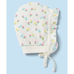 Babyhug 100% Cotton Interlock Knit Caps with Frill Details & Floral Polka Dot Print Pack of 2 Pink Off White - Diameter 15.5 cm
