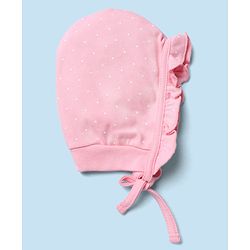 Babyhug 100% Cotton Interlock Knit Caps with Frill Details & Floral Polka Dot Print Pack of 2 Pink Off White - Diameter 15.5 cm