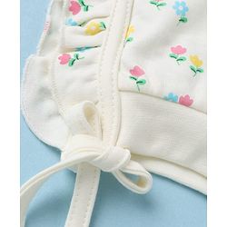 Babyhug 100% Cotton Interlock Knit Caps with Frill Details & Floral Polka Dot Print Pack of 2 Pink Off White - Diameter 15.5 cm