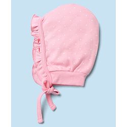 Babyhug 100% Cotton Interlock Knit Caps with Frill Details & Floral Polka Dot Print Pack of 2 Pink Off White - Diameter 15.5 cm