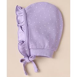 Babyhug 100% Cotton Interlock Knit Caps with Heart Polka Dot Print Pack of 2 White Lavender - Diameter 14 cm