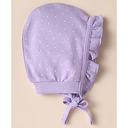 Babyhug 100% Cotton Interlock Knit Caps with Heart Polka Dot Print Pack of 2 White Lavender - Diameter 14 cm