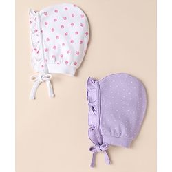 Babyhug 100% Cotton Interlock Knit Caps with Heart Polka Dot Print Pack of 2 White Lavender - Diameter 14 cm