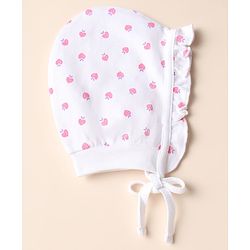 Babyhug 100% Cotton Interlock Knit Caps with Heart Polka Dot Print Pack of 2 White Lavender - Diameter 14 cm
