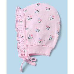 Babyhug 100% Cotton Interlock Solid Knit Cap Mittens & Booties With Floral Print Pack of 2 Pink - Diameter 15 cm
