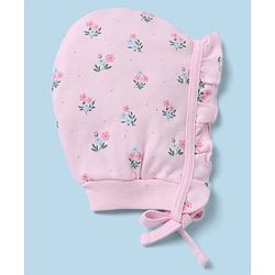 Babyhug 100% Cotton Interlock Solid Knit Cap Mittens & Booties With Floral Print Pack of 2 Pink - Diameter 15 cm