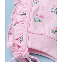 Babyhug 100% Cotton Interlock Solid Knit Cap Mittens & Booties With Floral Print Pack of 2 Pink - Diameter 15 cm
