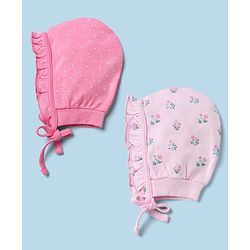 Babyhug 100% Cotton Interlock Solid Knit Cap Mittens & Booties With Floral Print Pack of 2 Pink - Diameter 15 cm