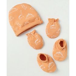 Babyhug 100% Cotton Interlock Knit Solid Cap Mittens & Booties With Animal Print Peach - Diameter 14 cm