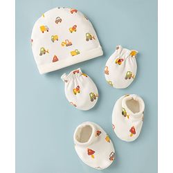 Babyhug 100% Cotton Interlock Knit Cap Mittens & Booties with Vehicle Print White - Diameter 15 cm