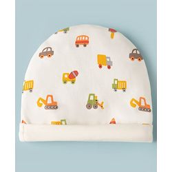 Babyhug 100% Cotton Interlock Knit Cap Mittens & Booties with Vehicle Print White - Diameter 15 cm