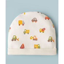 Babyhug 100% Cotton Interlock Knit Cap Mittens & Booties with Vehicle Print White - Diameter 15 cm