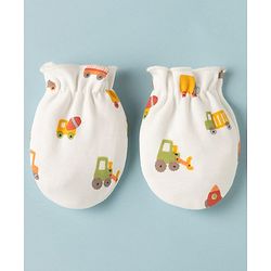 Babyhug 100% Cotton Interlock Knit Cap Mittens & Booties with Vehicle Print White - Diameter 15 cm