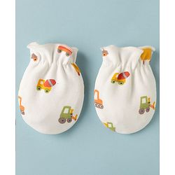 Babyhug 100% Cotton Interlock Knit Cap Mittens & Booties with Vehicle Print White - Diameter 15 cm