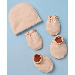 Babyhug 100% Cotton Interlock Knit Cap Mittens & Booties With Polka Dot Print Peach - Diameter 14 cm