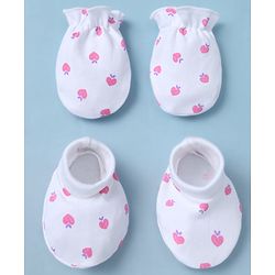 Babyhug 100% Cotton Interlock Knit Mittens & Booties With Strawberry Print - White