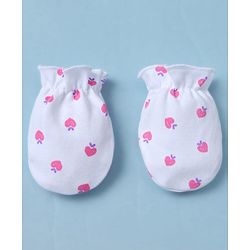 Babyhug 100% Cotton Interlock Knit Mittens & Booties With Strawberry Print - White