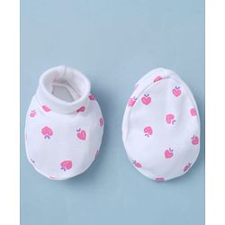 Babyhug 100% Cotton Interlock Knit Mittens & Booties With Strawberry Print - White
