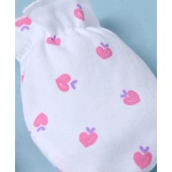 Babyhug 100% Cotton Interlock Knit Mittens & Booties With Strawberry Print - White