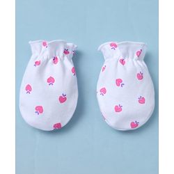 Babyhug 100% Cotton Interlock Knit Mittens & Booties With Strawberry Print - White