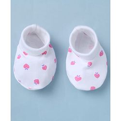 Babyhug 100% Cotton Interlock Knit Mittens & Booties With Strawberry Print - White