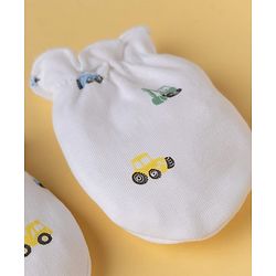 Babyhug 100% Cotton Interlock Knit Vehicle Printed Mittens & Booties - White