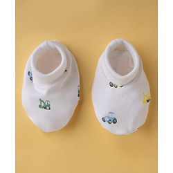 Babyhug 100% Cotton Interlock Knit Vehicle Printed Mittens & Booties - White