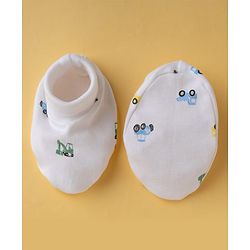 Babyhug 100% Cotton Interlock Knit Vehicle Printed Mittens & Booties - White