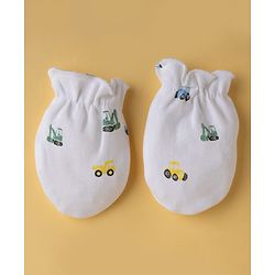Babyhug 100% Cotton Interlock Knit Vehicle Printed Mittens & Booties - White