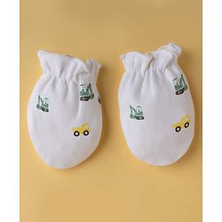 Babyhug 100% Cotton Interlock Knit Vehicle Printed Mittens & Booties - White