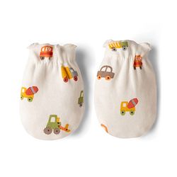 Babyhug 100% Cotton Interlock Knit Mittens & Booties with Vehicle Print - White