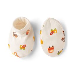 Babyhug 100% Cotton Interlock Knit Mittens & Booties with Vehicle Print - White