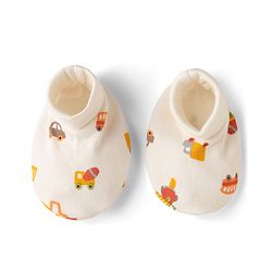Babyhug 100% Cotton Interlock Knit Mittens & Booties with Vehicle Print - White
