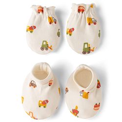 Babyhug 100% Cotton Interlock Knit Mittens & Booties with Vehicle Print - White
