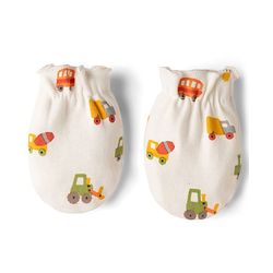 Babyhug 100% Cotton Interlock Knit Mittens & Booties with Vehicle Print - White