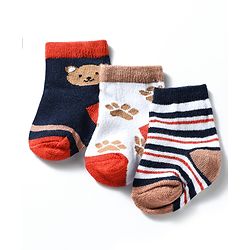 Cute Walk by Babyhug Knit Ankle Length Antibacterial Socks With Bear & Striped Design Pack Of 3 - Navy & White