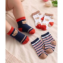 Cute Walk by Babyhug Knit Ankle Length Antibacterial Socks With Bear & Striped Design Pack Of 3 - Navy & White