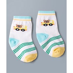 Cute Walk by Babyhug Knit Ankle Length Antibacterial Socks with Stripes & Car Design Pack of 3 - White