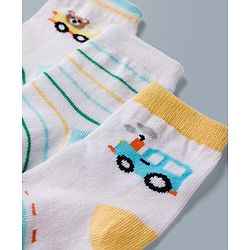 Cute Walk by Babyhug Knit Ankle Length Antibacterial Socks with Stripes & Car Design Pack of 3 - White