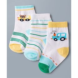 Cute Walk by Babyhug Knit Ankle Length Antibacterial Socks with Stripes & Car Design Pack of 3 - White