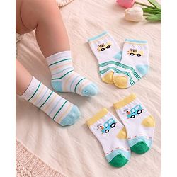 Cute Walk by Babyhug Knit Ankle Length Antibacterial Socks with Stripes & Car Design Pack of 3 - White